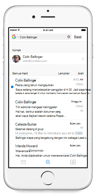 Memperlihatkan layar seluler, dengan bilah pencarian di bagian atas dan nama yang diketikkan ke dalamnya. Hasil pencarian berada di bawah bilah pencarian.
