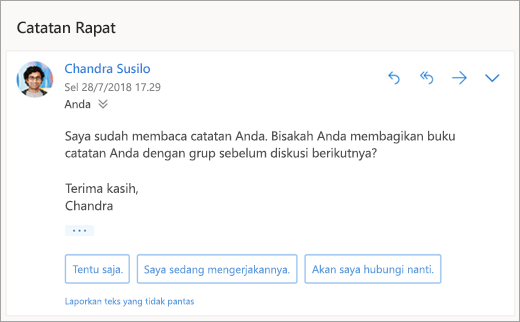 Cuplikan layar balasan yang disarankan