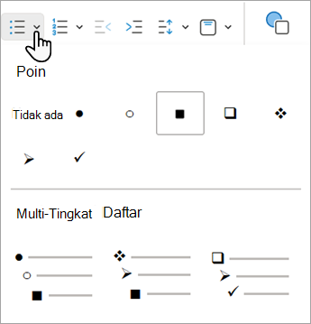 Cuplikan layar memperlihatkan berbagai opsi poin yang bisa Anda gunakan di PowerPoint untuk web.