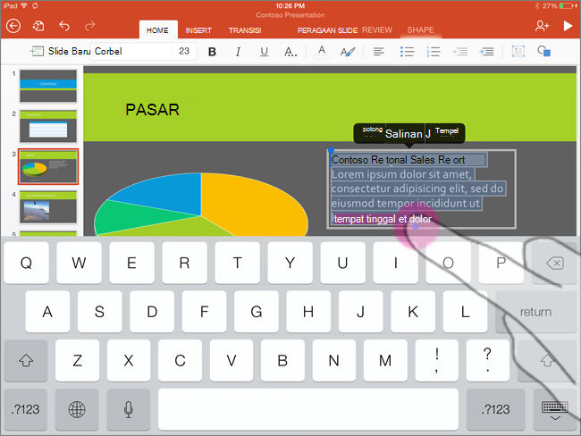 Seret gagang pilihan untuk memilih beberapa kata di iPad