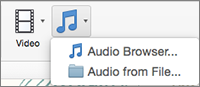 Menu Sisipkan audio dengan pilihan audio dari file dan browser audio