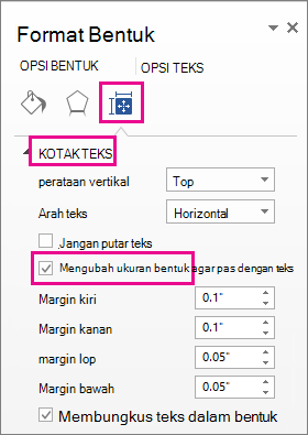 Memilih Ubah Ukuran bentuk agar pas dengan teks di panel Format Bentuk