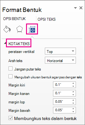 Opsi kotak teks di panel Format Bentuk