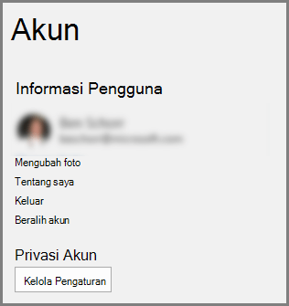 Panel Akun memperlihatkan tombol Privasi Akun, Kelola Pengaturan
