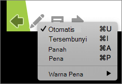 Cuplikan layar memperlihatkan opsi yang tersedia untuk penunjuk yang digunakan dalam peragaan slide. Opsinya adalah Otomatis, Tersembunyi, Panah, Pena, dan Warna Pena.