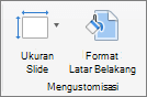 Cuplikan layar memperlihatkan grup Sesuaikan dengan opsi untuk Ukuran Slide dan Format Latar Belakang.