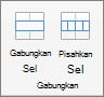 Cuplikan layar memperlihatkan grup Gabungkan yang tersedia pada tab Tata Letak tabel, dengan opsi Gabungkan Sel dan Pisahkan Sel.