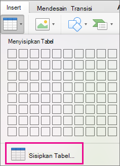 Menu opsi Sisipkan Tabel