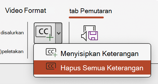 Cuplikan layar yang menunjukkan hapus semua keterangan untuk video di PowerPoint.