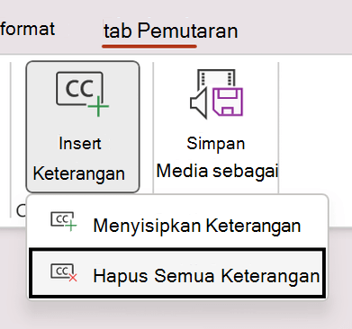 Cuplikan layar yang menunjukkan hapus semua keterangan untuk video di PowerPoint.