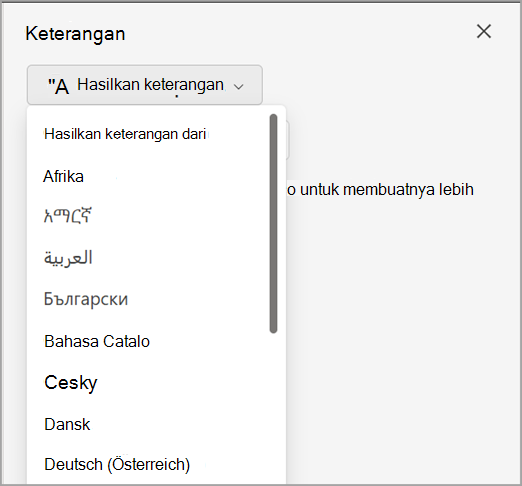 Cuplikan layar memperlihatkan drop-down Buat keterangan di panel Keterangan.
