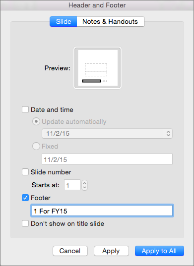 Kotak centang Footer pada tab Slide dalam kotak Header & Footer