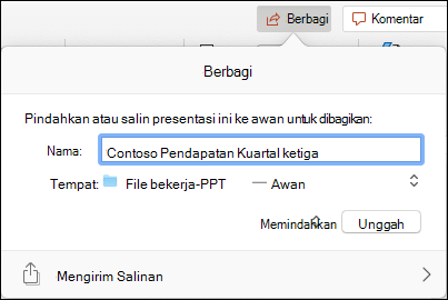 Kotak dialog menawarkan untuk mengunggah presentasi ke penyimpanan cloud Microsoft Anda untuk berbagi tanpa hambatan.