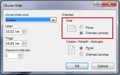 Di kotak dialog Ukuran Slide, Anda bisa mengubah orientasi slide menjadi Potret atau Lanskap.