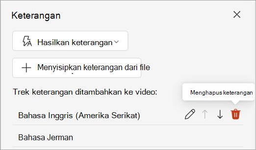 Cuplikan layar memperlihatkan tombol hapus keterangan untuk trek keterangan di panel Keterangan.