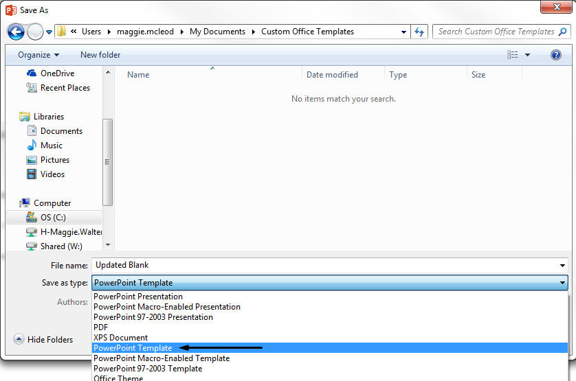 Dalam kotak Simpan sebagai tipe, pilih Templat PowerPoint.