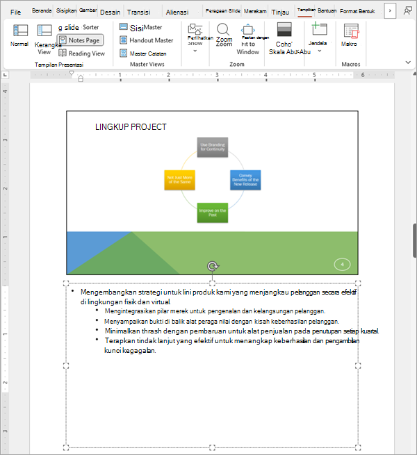 Cuplikan layar memperlihatkan satu slide di dek slide PowerPoint dengan catatan terkait.