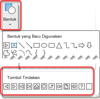 Memperlihatkan menu Bentuk pada pita di PowerPoint dengan Tombol Tindakan disorot
