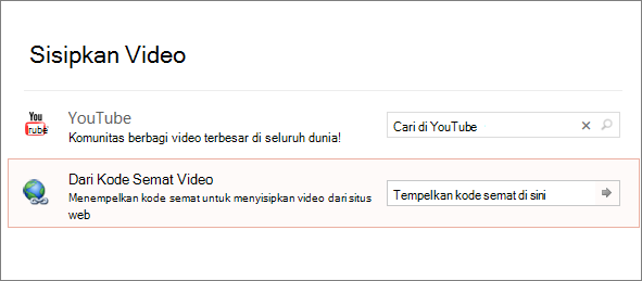 Memperlihatkan opsi menyematkan video di PowerPoint