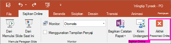 Memperlihatkan tombol Akhiri Presentasi Online di PowerPoint