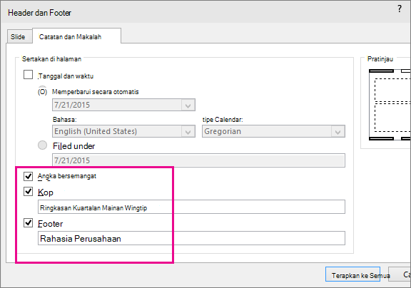 Dialog Perlihatkan header di PowerPoint