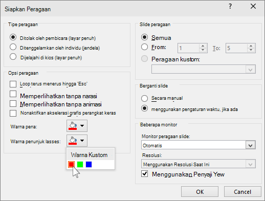 Memperlihatkan opsi penunjuk laser di PowerPoint