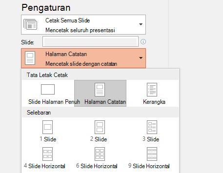 cuplikan layar opsi mencetak catatan
