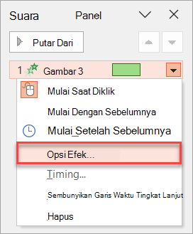 Tempat menemukan Opsi Efek di Panel Animasi.