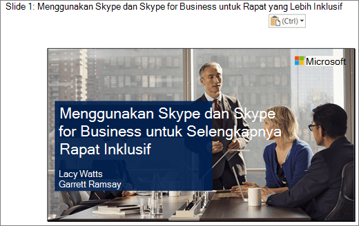 Klip layar dokumen Word baru memperlihatkan slide 1 dengan judul slide, Slide yang diperlihatkan dalam gambar berisi judul slide, nama penyaji, dan gambar latar belakang pebisnis di sekitar tabel konferensi.