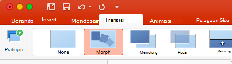 Memperlihatkan Morf dalam menu Transisi PowerPoint 2016 untuk Mac