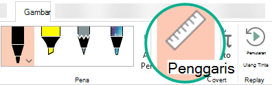 Stensil Penggaris berada di tab Gambar di pita dalam PowerPoint 2016.