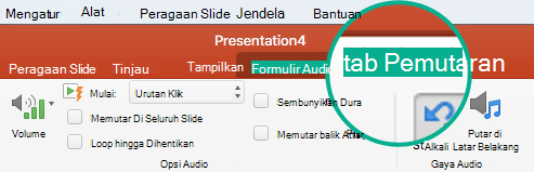 Ketika klip audio dipilih dalam slide, tab Pemutaran muncul di pita toolbar untuk mengatur opsi pemutaran.