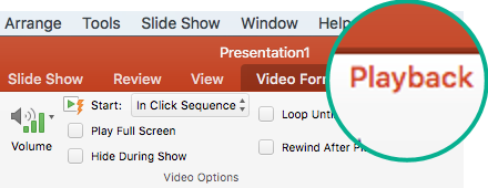Ketika video dipilih dalam slide, tab Pemutaran muncul di pita toolbar, yang memungkinkan Anda mengatur opsi pemutaran video.