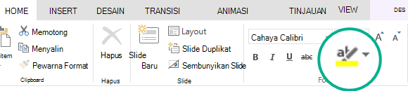 Tombol Penyorot Teks berada di tab Beranda di pita di PowerPoint Online