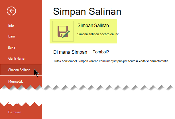 Perintah Simpan Salinan menyimpan file secara online di OneDrive for Business atau SharePoint