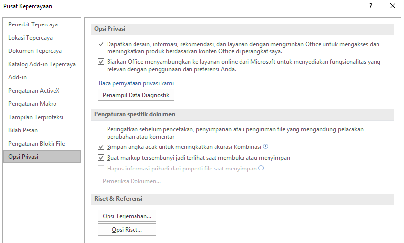 Opsi privasi Pusat Kepercayaan Office
