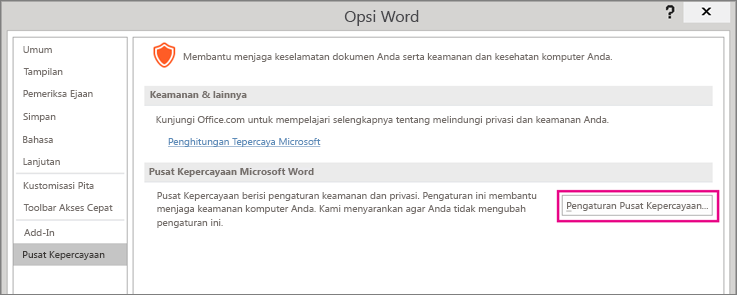 Opsi Pengaturan Pusat Kepercayaan disorot.