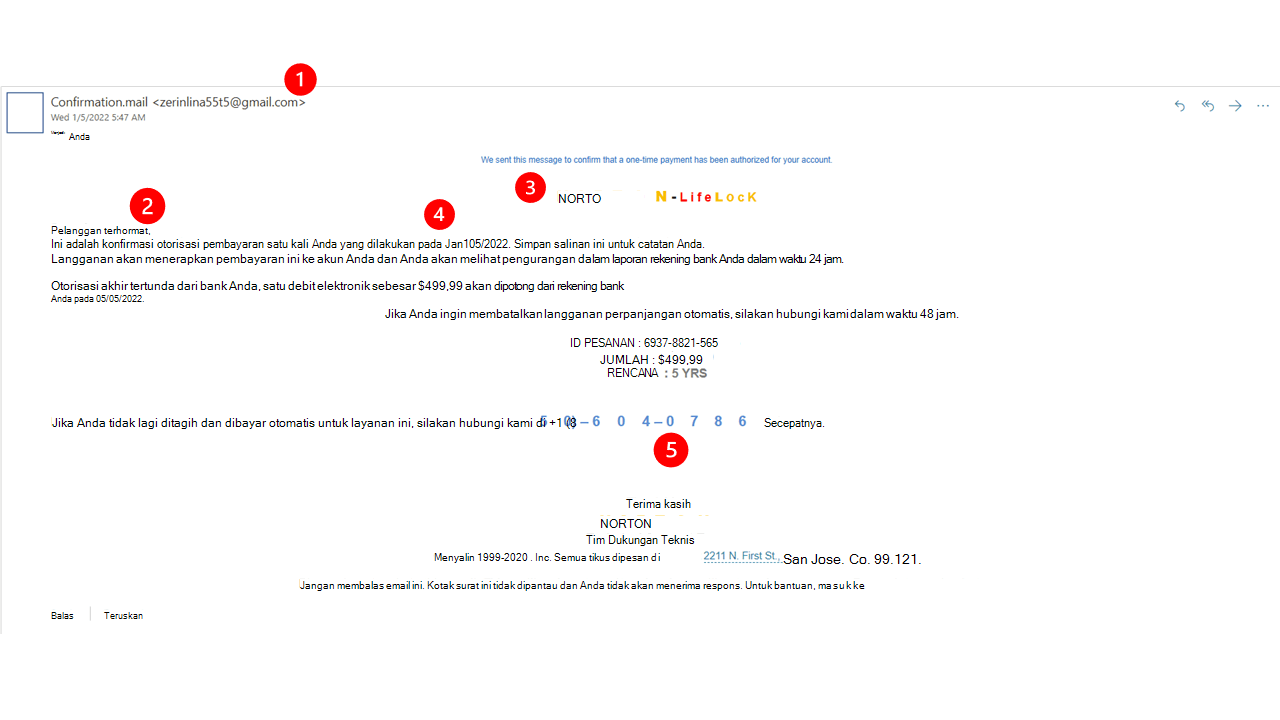 Contoh email penipuan yang berpura-pura berasal dari Norton.