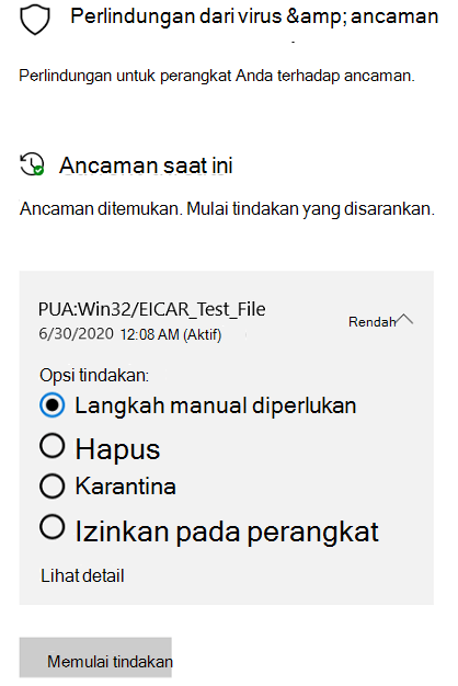 Tindakan yang dapat Anda lakukan saat Keamanan Windows mendeteksi aplikasi yang berpotensi tidak diinginkan.
