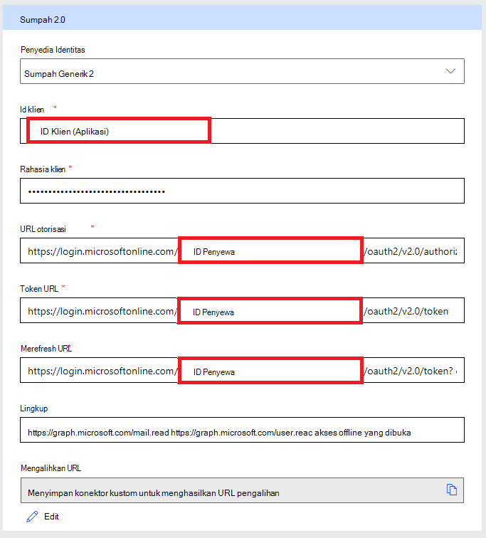 Mengisi entri di OAUTH Konektor Kustom menggunakan nilai yang ditentukan sebelumnya: Lingkup URL Token URL AuthCode ID Klien