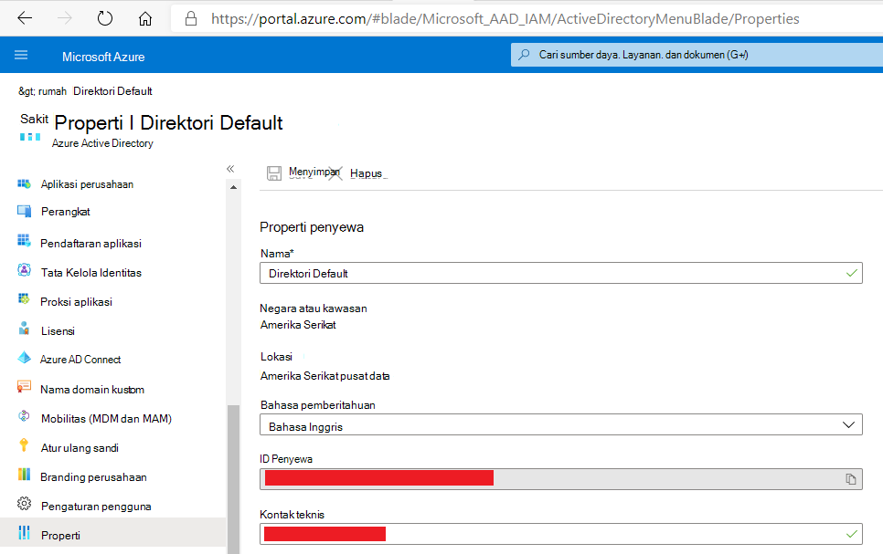 Dapatkan TenantId dari tab Properti di Azure Active Directory Blade