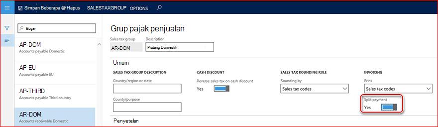 Gambar ini memperlihatkan cara mengaktifkan parameter Pembayaran terpisah.