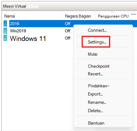 A screenshot of the Virtual Machines window of the Hyper-V management console. A virtual machine (VM) is selected, the context menu is displayed, with the Settings option highlighted.