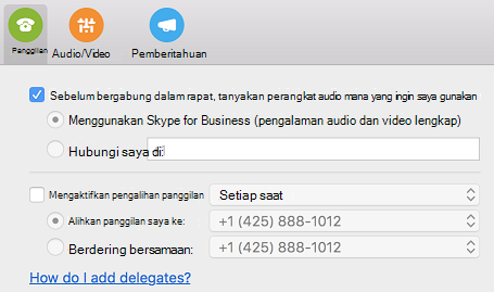 Bagaimana cara menambahkan delegasi? tautan bantuan dalam halaman Panggilan dari kotak dialog Preferensi