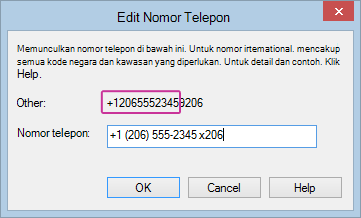Lync mengedit nomor telepon dengan ekstensi ditambahkan