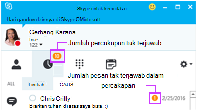 Akses pesan tak terjawab dari halaman IM Skype for Business Anda