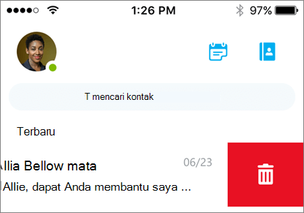 Cuplikan layar memperlihatkan percakapan yang dihapus di Skype for Business untuk iOS.