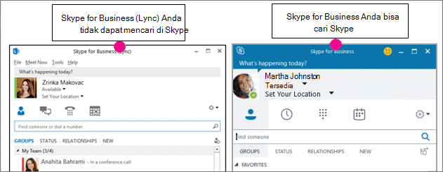 Dibandingkan secara berdampingan antara halaman kontak Skype for Business dan halaman Skype for Business (Lync)