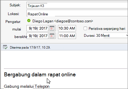 Cuplikan layar dialog rapat, memperlihatkan link Bergabung dalam rapat online.