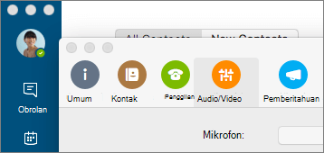 Cuplikan layar layar Preferensi Skype for Business, dengan panel Audio/Video dipilih.